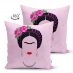 - Suet-K-5211-1 - Realhomes Pembe Zeminde Kahlo Frida Çift Taraflı Dijital Baskılı Süet Kırlent Kılıfı Realhomes