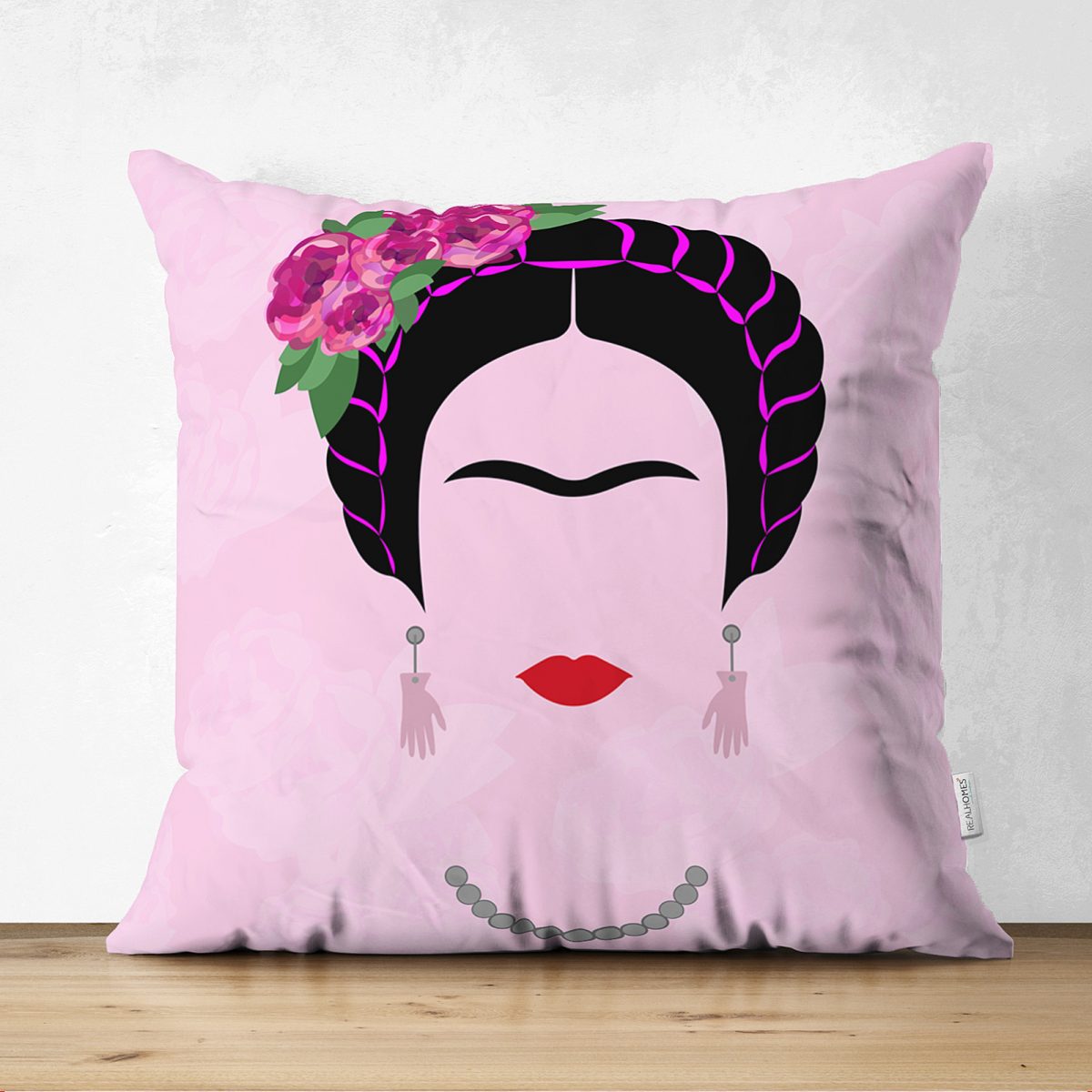Pembe Zeminde Kahlo Frida Çift Taraflı Dijital Baskılı Süet Kırlent Kılıfı Realhomes