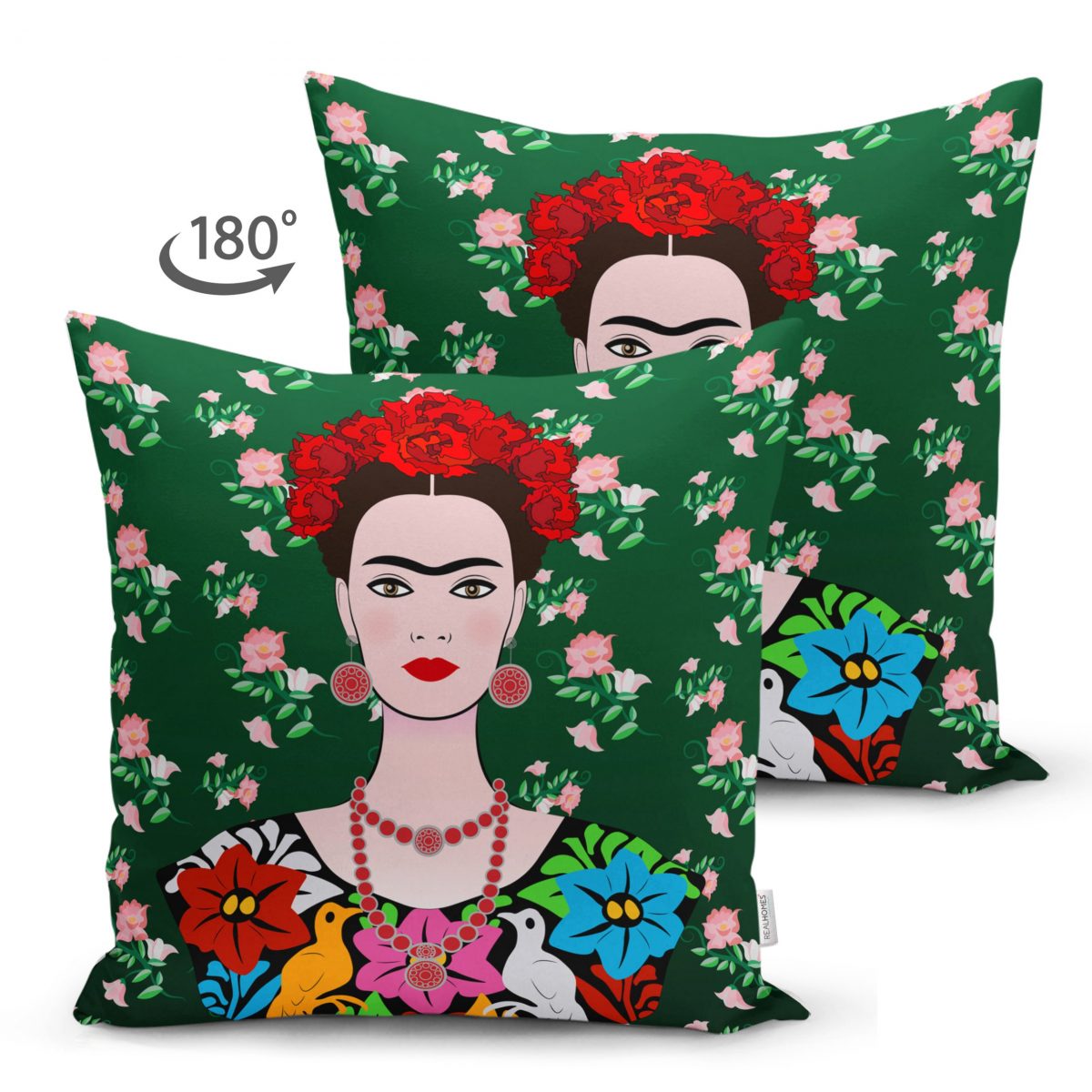 Yeşil Zeminde Frida Kahlo Motifli Çift Taraflı Özel Tasarım Süet Yastık Kılıfı Realhomes