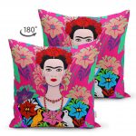 - Suet-K-5213-1 - Realhomes  Fuşya Zeminde Frida Kahlo Motifli Çift Taraflı Özel Tasarım Süet Kırlent Kılıfı Realhomes