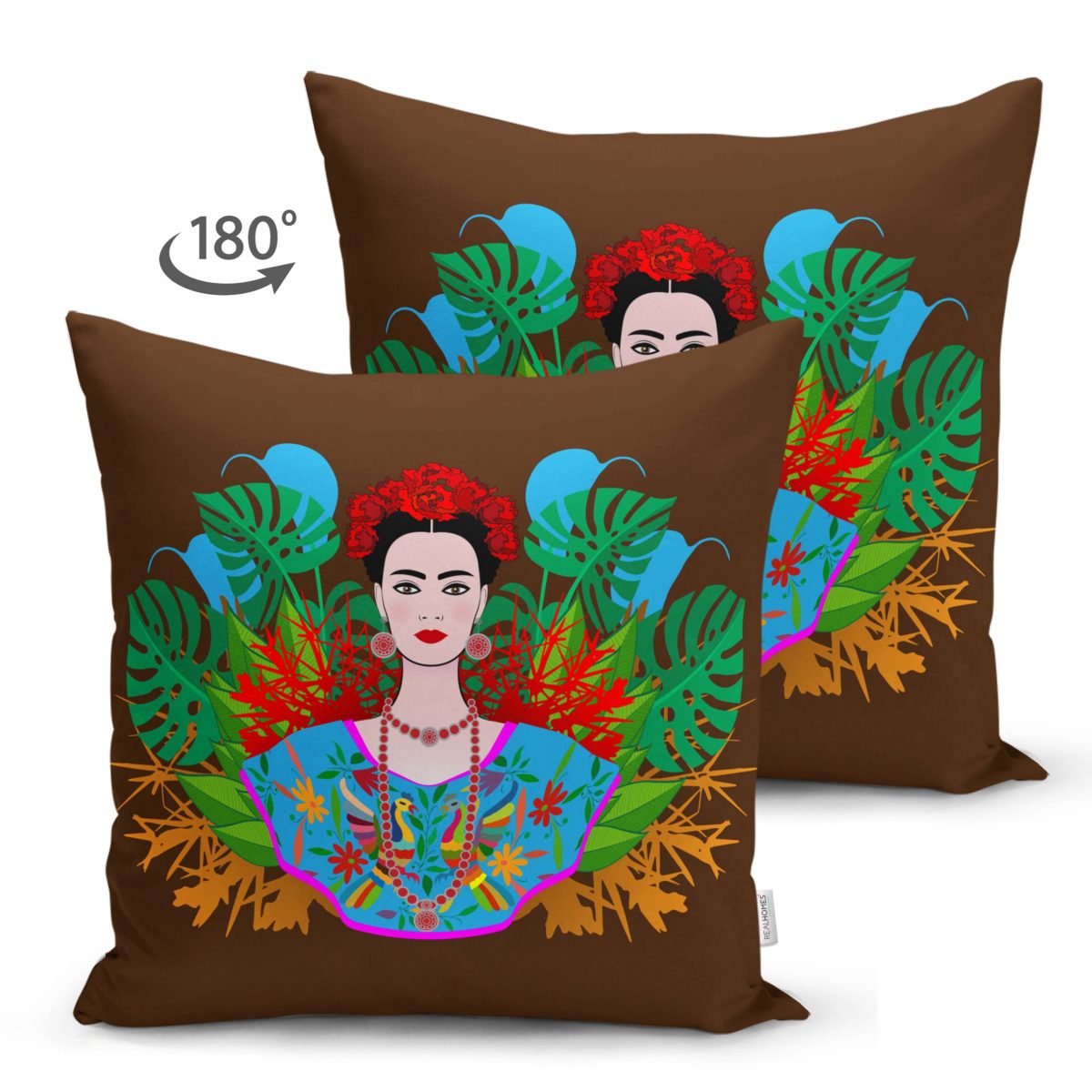 Kahverengi Zeminde Çift Taraflı Özel Tasarım Frida Kahlo Dijital Baskılı Süet Kırlent Kılıfı Realhomes