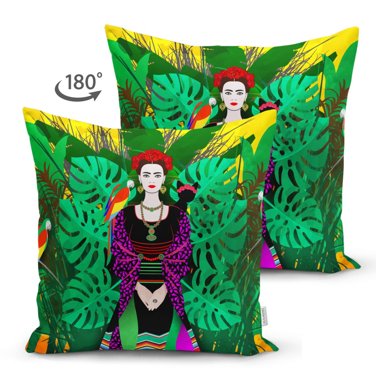 Tropik Yapraklar İçerisinde Frida Motifli Çift Taraflı Dijital Baskılı Süet Kırlent Kılıfı Realhomes