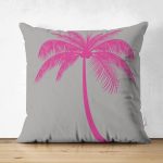 - Suet-K-5228fusya - Realhomes Gri Zeminde Fuşya Palmiye Motifli Modern Çift Taraflı Süet Kırlent Kılıfı Realhomes