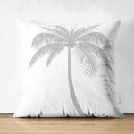 - Suet-K-5228gri - Realhomes Beyaz Zeminde Gri Palmiye Desenli Modern Çift Taraflı Süet Yastık Kılıfı Realhomes