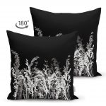 - Suet-K-5233-1 - Realhomes  Siyah Zeminde Beyaz Ve Gri Çiçek Temalı Çift Taraflı Özel Tasarım Süet Kırlent Kılıfı Realhomes