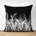 - Suet-K-5233 - Realhomes  Siyah Zeminde Beyaz Ve Gri Çiçek Temalı Çift Taraflı Özel Tasarım Süet Kırlent Kılıfı Realhomes