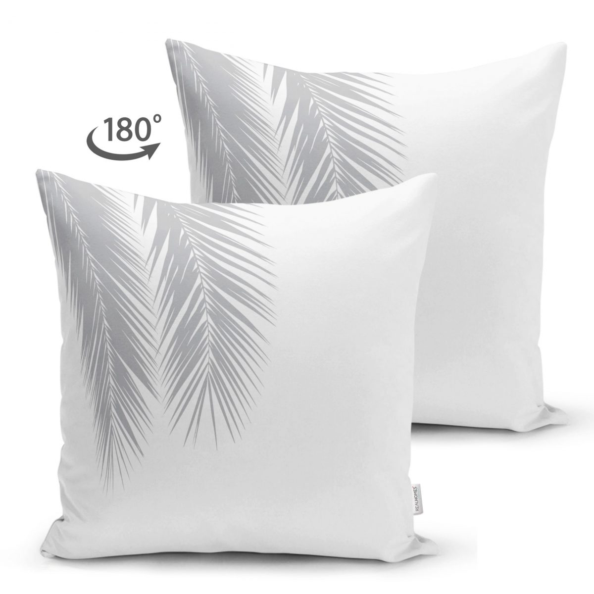Beyaz Zeminde Gri Palmiye Yaprakları Çift Taraflı Özel Tasarım Süet Kırlent Kılıfı Realhomes