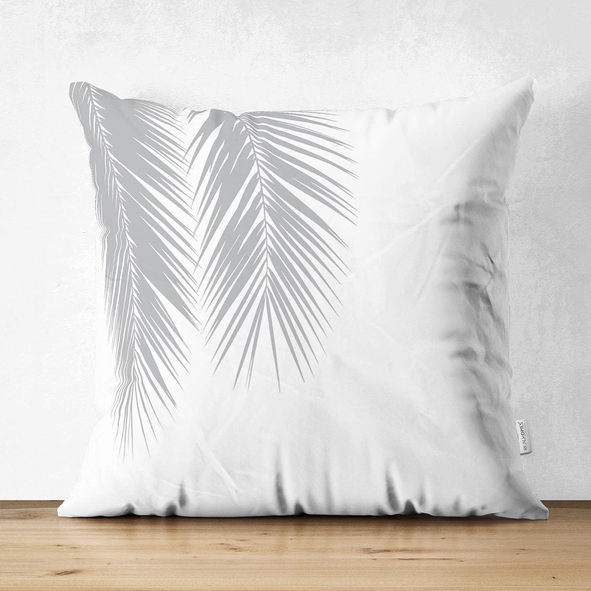 Beyaz Zeminde Gri Palmiye Yaprakları Çift Taraflı Özel Tasarım Süet Kırlent Kılıfı Realhomes