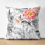 Karakalem Çizim Gül Motiflı Çift Taraflı Özel Tasarım Süet Kırlent Kılıfı Realhomes