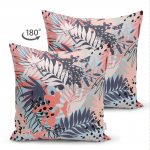 - Suet-K-5257-1 - Realhomes Gri Zemin Üzerimde Pembe Lacivert Yaprak Motifli Çift Taraflı Dijital Baskılı Süet Kırlent Kılıfı Realhomes