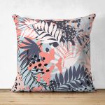 - Suet-K-5257 - Realhomes Gri Zemin Üzerimde Pembe Lacivert Yaprak Motifli Çift Taraflı Dijital Baskılı Süet Kırlent Kılıfı Realhomes