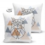 - Suet-K-5258-1 - Realhomes  Geometrik Çizimlerden Oluşan Baykuş Motifli Çift Taraflı Özel Tasarım Süet Kırlent Kılıfı Realhomes