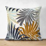 - Suet-K-5271 - Realhomes  Çift Taraflı Kahverengi Ve Gri Yaprak Desenli Süet Kırlent Kılıfı Realhomes