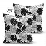 - Suet-K-5289-1 - Realhomes  Siyah Ve Beyaz Yaprak Motifli Çift Taraflı Dekoratif Süet Yastık Kılıfı Realhomes