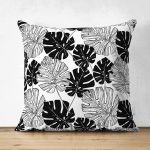 - Suet-K-5289 - Realhomes  Siyah Ve Beyaz Yaprak Motifli Çift Taraflı Dekoratif Süet Yastık Kılıfı Realhomes