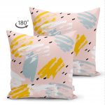 - Suet-K-5295-1 - Realhomes  Pembe Zemin Üzerinde Sulu Boya Gold Ve Mavi Çizimli Çift Taraflı Dekoratif Süet Yastık Kılıfı Realhomes