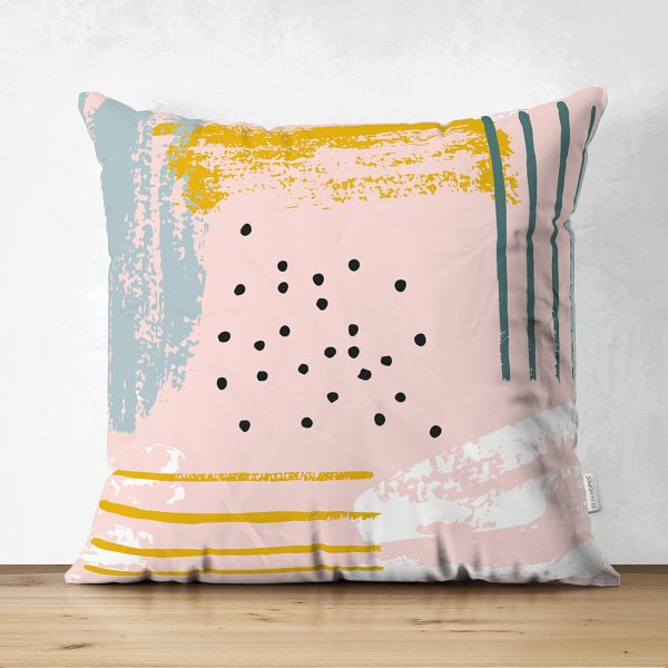 - Suet-K-5303 - Realhomes  Beyaz Zemin Üzerinde Pembe Yaprak Çizimli Dekoratif 4'lü Çift Taraflı Süet Yastık Kırlent Kılıf Seti Realhomes