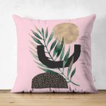 - Suet-K-5308pembe - Realhomes  Pembe Zemin Üzerinde Soyut Yaprak Çizimli Çift Taraflı Dekoratif Süet Yastık Kılıfı Realhomes