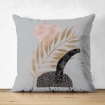 - Suet-K-5310gri - Realhomes Gri Zeminde Gold Yaprak Motifli Çift Taraflı Dekoratif Süet Kırlent Kılıfı Realhomes