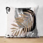 - Suet-K-5315 - Realhomes  Soyut Çizim Altın Yaprak Desenli Çift Taraflı Özel Tasarım Dekoratif Süet Kırlent Kılıfı Realhomes