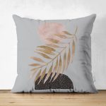 - Suet-K-5316gri - Realhomes  Çift Taraflı Gri Zeminde Soyut Çizim Ay Ve Yaprak Motifli Süet Kırlent Kılıfı Realhomes