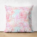 - Suet-K-5321 - Realhomes Pembe Ve Mavi Yaprak Desenli Çift Taraflı Özel Tasarım Dekoratif Süet Kırlent Kılıfı Realhomes