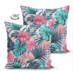 Pembe Zeminde Canlı Tropik Yaprakları Çift Taraflı Dijital Baskılı Süet Kırlent Kılıfı Realhomes