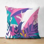 - Suet-K-5334 - Realhomes Rengarenk Yaprak Çizimli Modern Çift Taraflı Özel Tasarım Süet Kırlent Kılıfı Realhomes