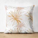 - Suet-K-5339 - Realhomes  Beyaz Ve Gold Yaprak Desenli Çift Taraflı Özel Tasarım Modern Süet Yastık Kılıfı Realhomes
