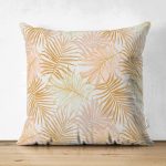 - Suet-K-5344 - Realhomes  Altın Çizim Yaprak Desenli Çift Taraflı Özel Tasarım Süet Kırlent Kılıfı Realhomes