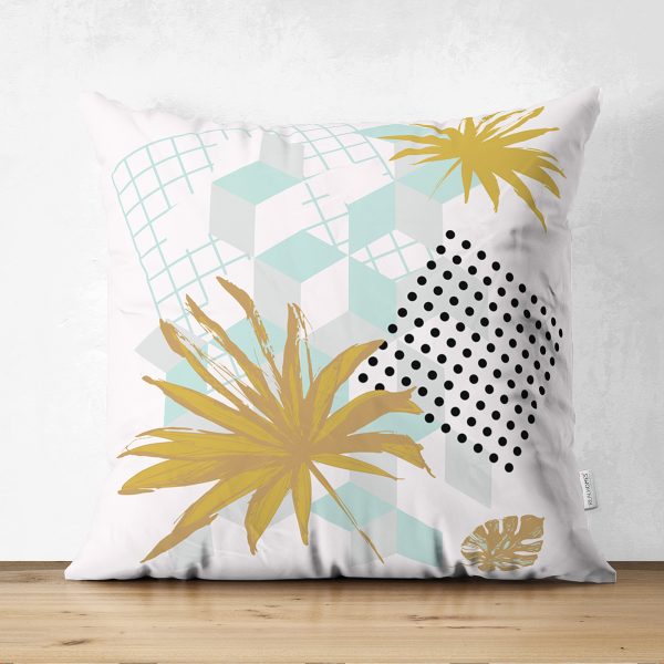 - Suet-K-5346 - Realhomes  Renkli Yapraklar Üzerinde Nokta Tasarımlı Çift Taraflı Süet Kırlent Kılıfı Realhomes