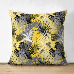 Sarı Zemin Üzerinde Beyaz Ve Gri Yaprak Motifli Çift Taraflı Süet Kırlent Kılıfı Realhomes