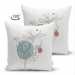 - Suet-K-5371-1 - Realhomes Portre Çizim Üzerinde Yaprak Desenli Çift Taraflı Dekoratif Süet Kırlent Kılıfı Realhomes