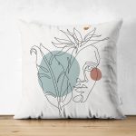 - Suet-K-5371 - Realhomes Portre Çizim Üzerinde Yaprak Desenli Çift Taraflı Dekoratif Süet Kırlent Kılıfı Realhomes