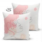 - Suet-K-5374-1 - Realhomes  Kırmızı Şeritli Portre Çizimli Çift Taraflı Özel Tasarımlı Modern Süet Kırlent Kılıfı Realhomes