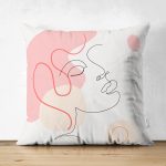 - Suet-K-5374 - Realhomes  Kırmızı Şeritli Portre Çizimli Çift Taraflı Özel Tasarımlı Modern Süet Kırlent Kılıfı Realhomes