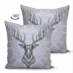 Çift Taraflı Gri Zeminde Yıldız Motifli Geometrik Geyik Dijital Baskılı Süet Kırlent Kılıfı Realhomes