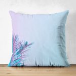 - Suet-K-5517 - Realhomes  Çift Taraflı Toz Mavisi Zeminli Tropik Yapraklı Özel Tasarım Dijital Baskılı Süet Yastık Kılıfı Realhomes
