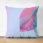 - Suet-K-5518sol - Realhomes Çift Taraflı Toz Mavisi Zeminli Tropik Yapraklı Özel Tasarım Modern Süet Kırlent Kılıfı Realhomes