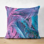 - Suet-K-5523 - Realhomes  Çift Taraflı Tropik Yapraklı Özel Tasarım Dijital Baskılı Modern Dekoratif Süet Kırlent Kılıfı Realhomes