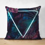 Çift Taraflı Tropik Yapraklar Üzerinde Neon Üçgen Motifli Süet Kırlent Kılıfı Realhomes