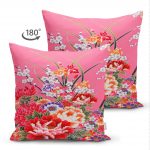 - Suet-K-5562-1 - Realhomes Çift Taraflı Pembe Zeminde Bahar Çiçekleri Desenli Modern Süet Yastık Kılıfı Realhomes