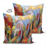 Çift Taraflı Renkli Sulu Boya Çizimli Gece Kondu Evleri Motifli Dekoratif Süet Kırlent Kılıfı Realhomes