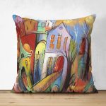 Çift Taraflı Renkli Sulu Boya Çizimli Gece Kondu Evleri Motifli Dekoratif Süet Kırlent Kılıfı Realhomes