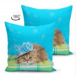 - Suet-K-5612-1 - Realhomes Çift Taraflı Mavi Şapkalı Kedi Desenli Modern Süet Kırlent Kılıfı Realhomes
