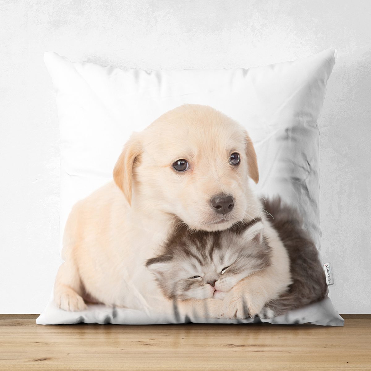 Çift Taraflı Köpek ve Kedili Dijital Baskılı Modern Süet Yastık Kırlent Kılıfı Realhomes