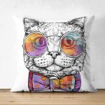 Renkli Gözlüklü Siyah Beyaz Kedi Dijital Baskılı Modern Çift Taraflı Süet Yastık Kırlent Kılıfı Realhomes