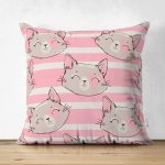 Pembe Çizgi Üzerinde Kedicikler Modern Çift Taraflı Süet Yastık Kırlent Kılıfı Realhomes