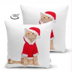 Yılbaşı Kıyafetli Kedi Desenli Dijital Baskılı Modern Çift Taraflı Süet Yastık Kırlent Kılıfı Realhomes
