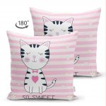 So Sweet Pembe Çizgili Sevimli Kedi Modern Çift Taraflı Süet Yastık Kırlent Kılıfı Realhomes
